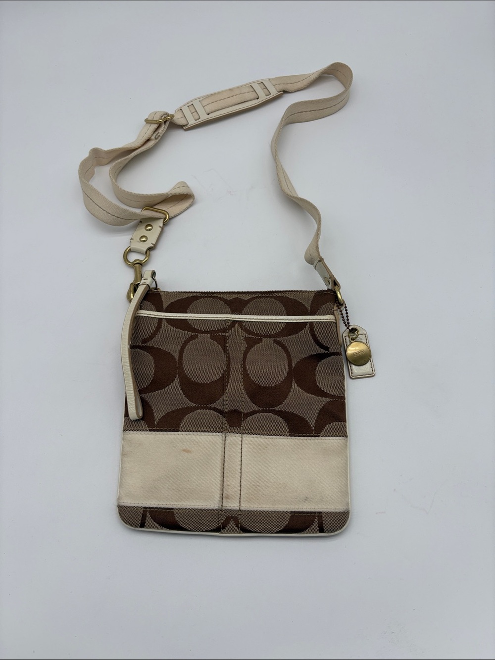 Coach White Brown Signature Rectangle Small Crossbody 10129 Purse BLEMISH
